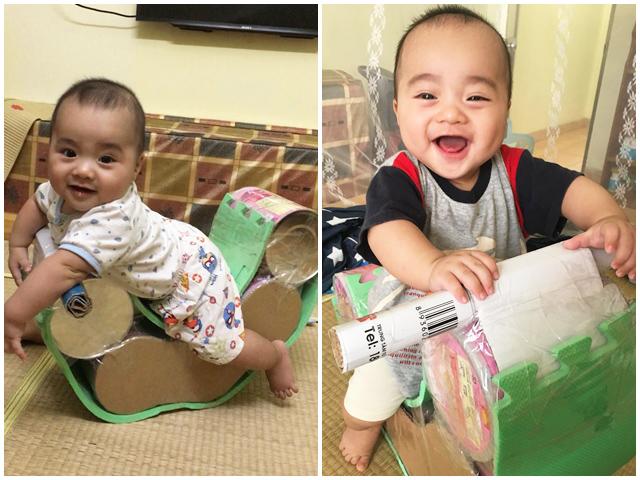 Bố tự làm xe bập bênh cho con trai từ vỏ hộp sữa, chi phí chỉ 30 nghìn đồng