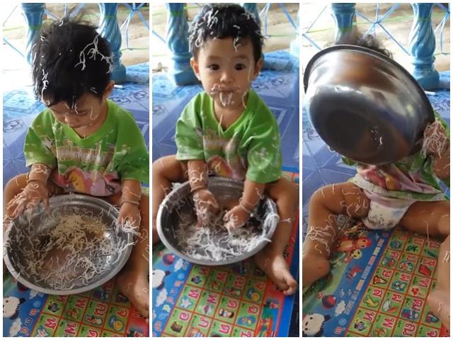 Dùng tay bốc bún, phút cuối cùng bé trai còn ụp cả tô lên đầu khiến ai cũng cười ngất