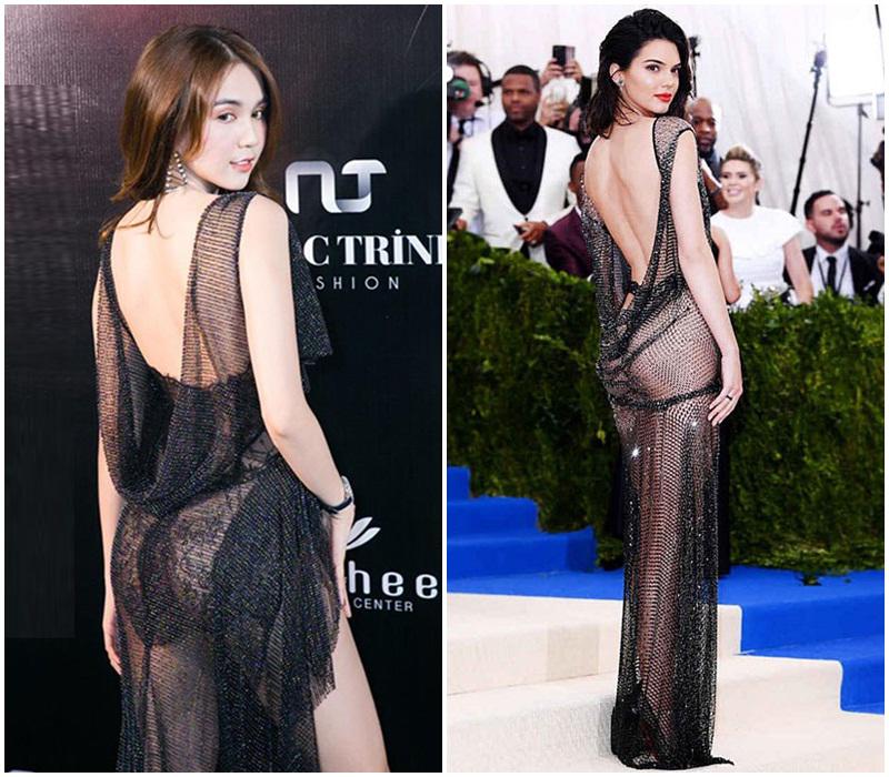 Bộ váy của Ngọc Trinh được lấy cảm hứng từ Kendall Jenner nhưng tiết chế bớt khoảng hở.
