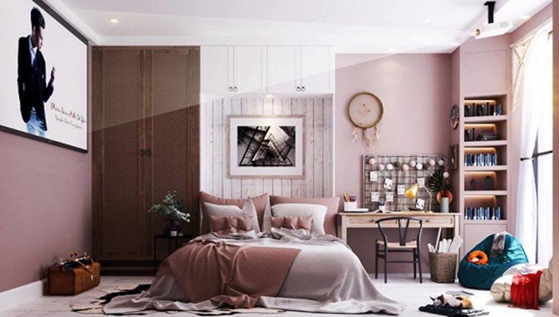 Một phòng ngủ khác với tông màu hồng pastel nhẹ nhàng hơn.
