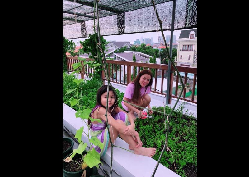 3 cô con gái hào hứng giúp mẹ trồng rau, chăm cây quả trong nhà.

