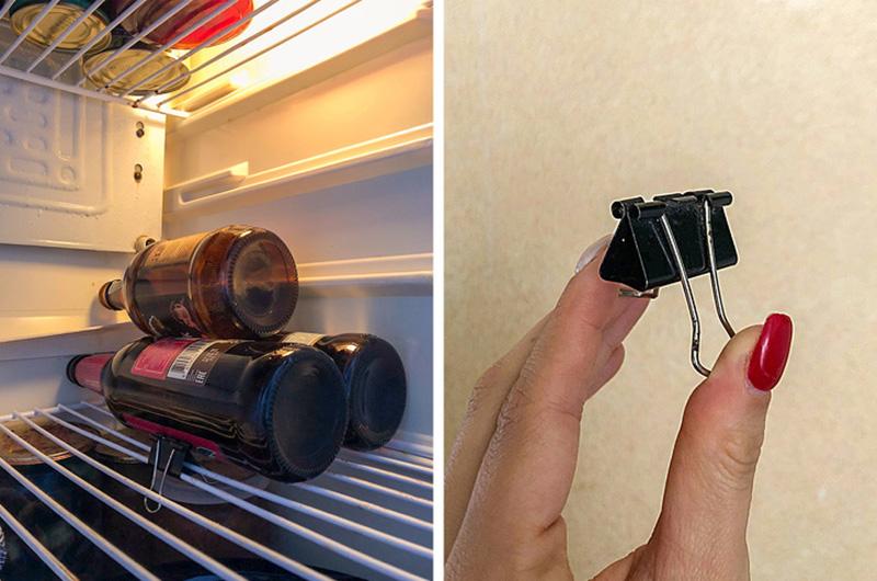 Sử dụng ghim kẹp để cố định chai của bạn theo chiều ngang trong tủ lạnh.


