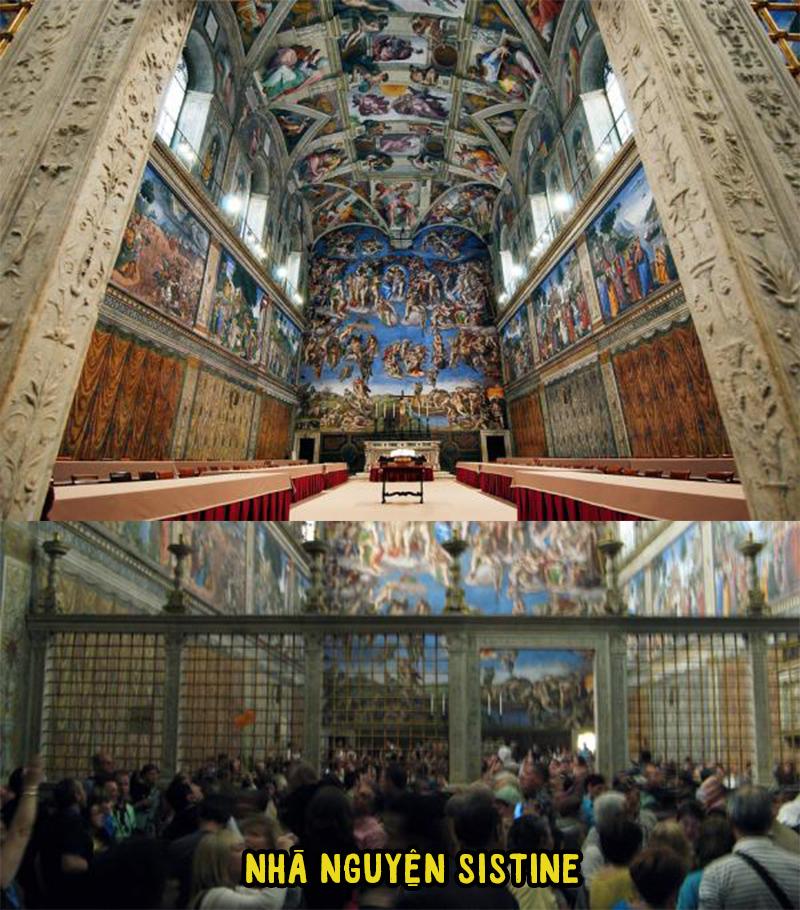 Nhà nguyện Sistine nổi tiếng với kiến trúc tinh xảo và sự tĩnh lặng, uy nghiêm nhưng thực tế thì bạn phải chen lấn trong biển người náo nhiệt.
