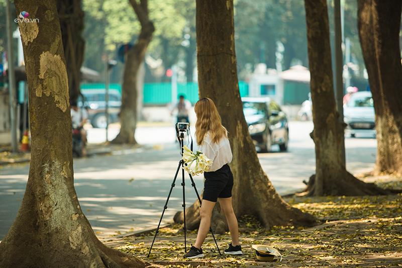 Cô gái trẻ đang chụp ảnh với hoa loa kèn trên con đường lá sấu rụng.

