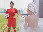 Thời trang - Hot girl diện bikini trên truyền hình lộ vòng một căng tròn dưới set đồ bóng đá Việt Nam