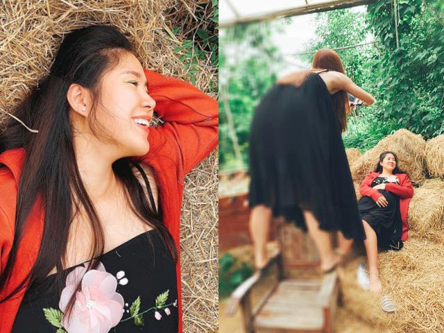 Mẹ bầu Lê Phương ngả ngớn trên đống rơm, dáng đứng bá đạo của người chụp gây chú ý