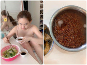 Làm đẹp - Thuý Vi cau có, gồng mình ăn gạo lứt chan nước lã sau khi hút mỡ bụng tốn trăm triệu