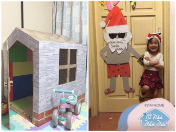 Nghỉ ở nhà, bố mẹ Việt dựng “buồng cách ly” cho con cưng bằng bìa các tông