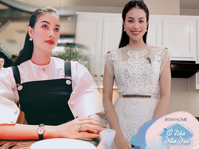 Toàn mặc đơn giản ở nhà, Phạm Hương nay chỉ vào bếp cũng chọn váy, bông tai điệu đà