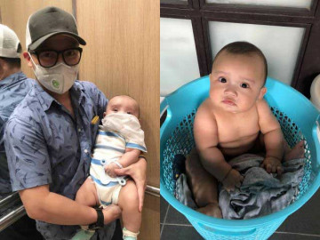 Tiến Đạt trách vợ nuôi con khéo, nhưng thú vị hơn là biểu cảm của quý tử 5 tháng tuổi