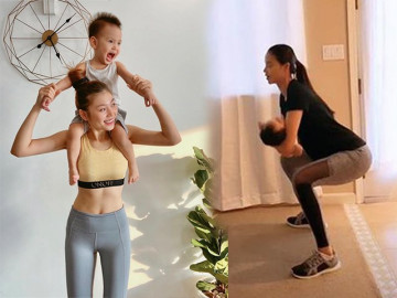 Bồng con trên tay Phạm Hương, Chúng Huyền Thanh vẫn vô tư luyện tập thể dục