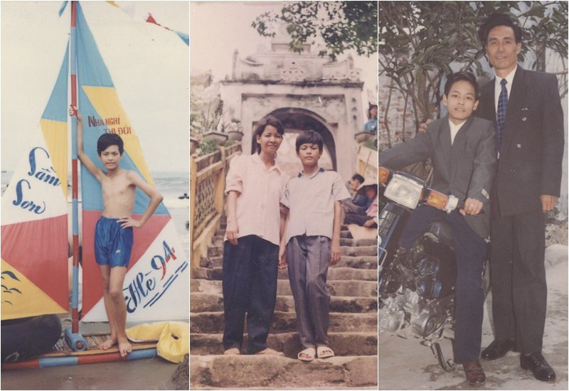 MC Phan Anh hồi bé gầy gò và đen nhẻm. Bức ảnh trên bãi biển được chụp vào năm anh 13 tuổi tại Sầm Sơn, mùa hè năm 1994. Hình ảnh 2 là khi đi chùa Hương với mẹ. Bức ảnh chụp cùng bố là khi gia đình anh mua được chiếc xe máy, còn anh được "tậu" vest mới.
