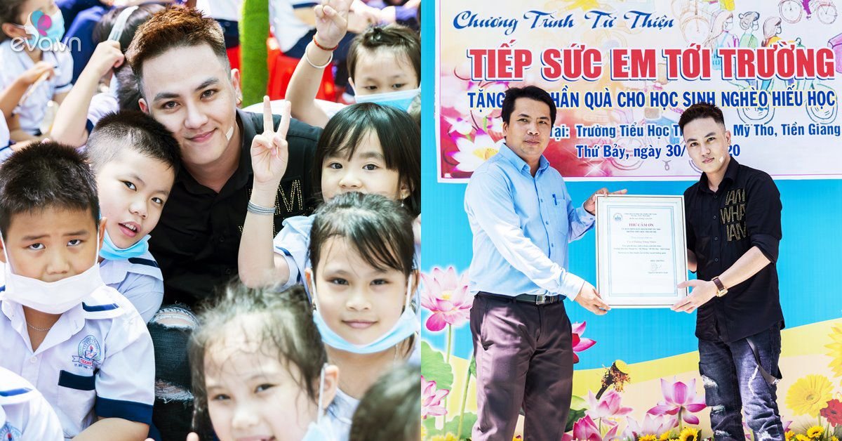 Ca sĩ Dương Tùng Nhân đẫm mồ hôi tặng 200 suất quà và hát tặng học sinh Tiền Giang