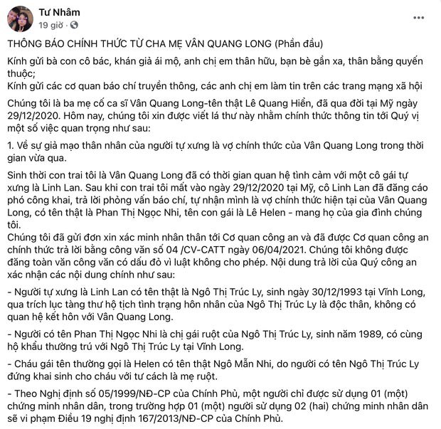 Linh Lan lý giải chuyện con gái khác họ bố, cho biết Vân Quang Long nợ mẹ mình 647 triệu - 1
