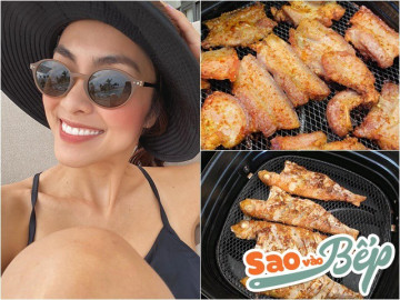 Sao vào bếp: Hà Tăng nướng thịt, cá bằng nồi chiên không dầu, nhìn vàng ươm ngon mắt
