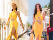 Thời trang - Khi 2 bông hậu cùng đụng chiếc đầm vàng cắt xẻ, người cá tính, người hóa búp bê