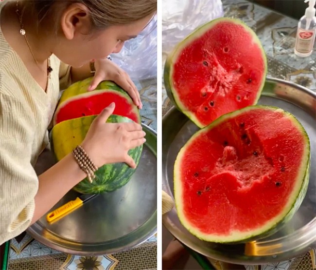 Hào hứng bổ quả dưa nặng 10kg, cô gái amp;#34;giật nảy mìnhamp;#34; khi nhìn thấy bên trong, dân mạng lại amp;#34;nổi điênamp;#34; vì điểm này - 2