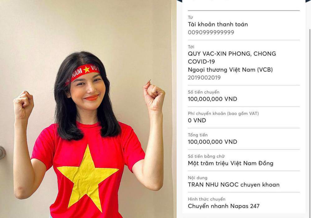 Khi đội tuyển Việt Nam chính thức đi tiếp vào vòng loại thứ 3 World Cup 2022, cô đã chơi lớn chuyển khoản nóng 100 triệu đồng cho Quỹ vaccine phòng chống COVID-19.