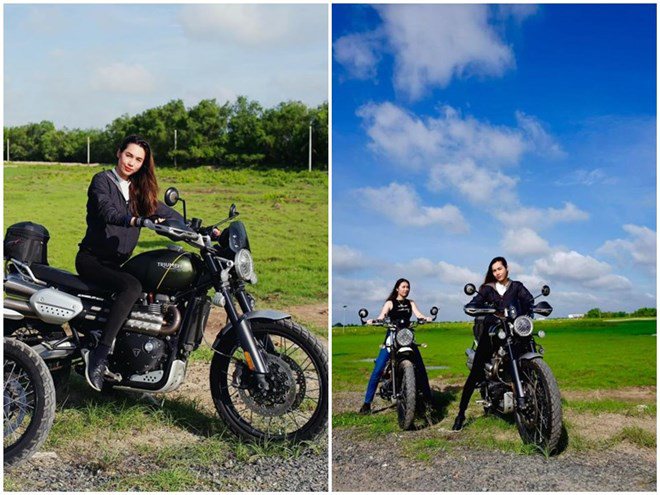Á hậu Vũ Hoàng My khoe ảnh lái xe mô tô đi chơi cùng bạn cực ngầu và cá tính. Trên trang cá nhân, nàng hậu chia sẻ: Một buổi sáng đẹp trời nào đó đi đạp xe với em bé gái. Yêu bầu trời trong xanh những ngày này ghê!