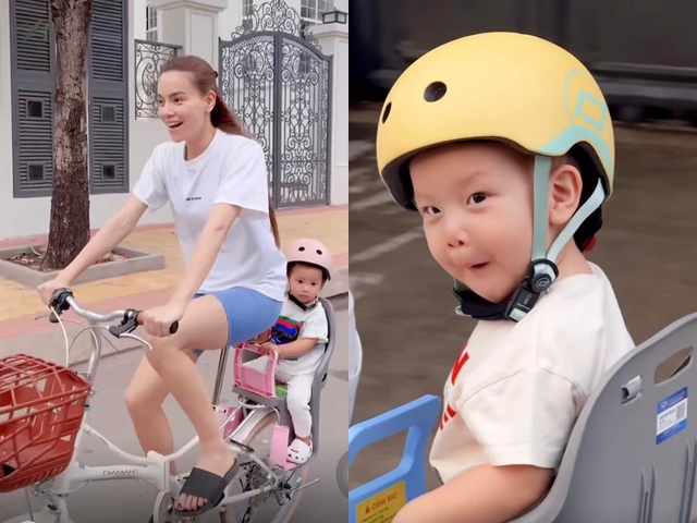 Vợ chồng Hồ Ngọc Hà đạp xe đèo 2 con: Lisa mặt hoang mang, Leon dọa cả máy quay