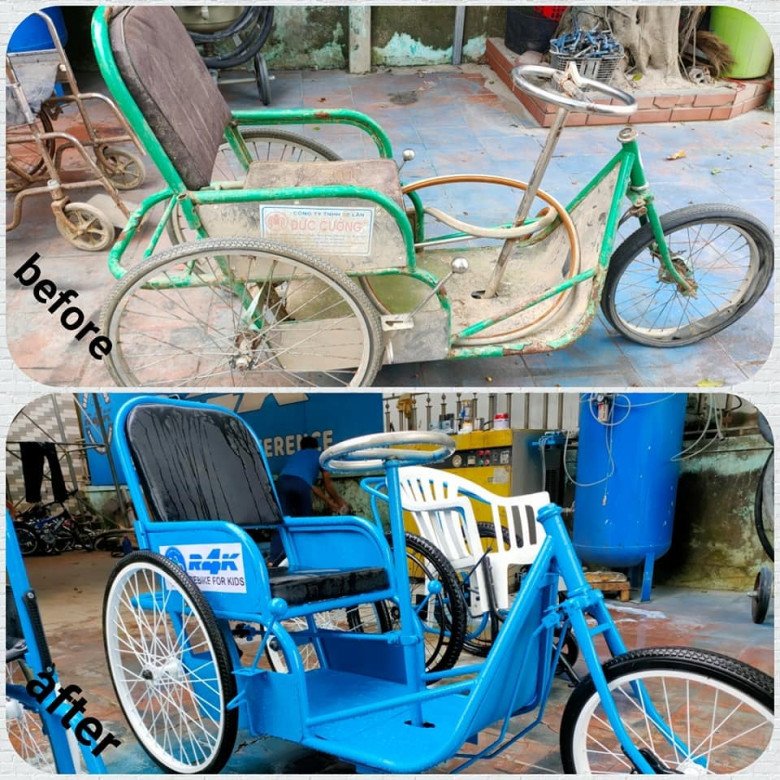 Một chiếc xe lăn cũ được nhóm tái chế.