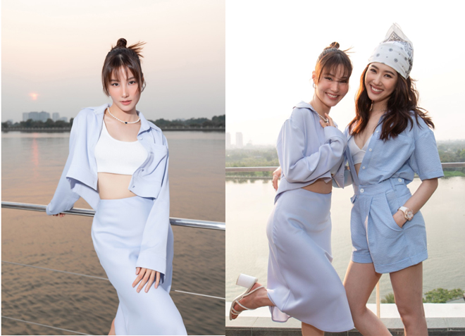 Được Vũ Khắc Tiệp đích thân tháp tùng tới sự kiện, Diễm My 9X cho thấy nhan sắc trẻ trung, thanh lịch và đầy ngọt ngào trái ngược hoàn toàn với vẻ sexy thường thấy. Nữ diễn viên cùng Thuý Ngân liên tục “dính như sam, vô cùng thân thiết trong suốt buổi tiệc, thậm chí mặc “đồ đôi với thiết kế croptop xanh pastel đến từ thương hiệu.