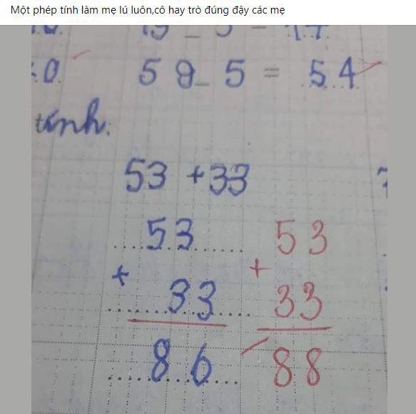 The child did math 53+3386 incorrectly, when she saw the results she gave, she was angry - 1