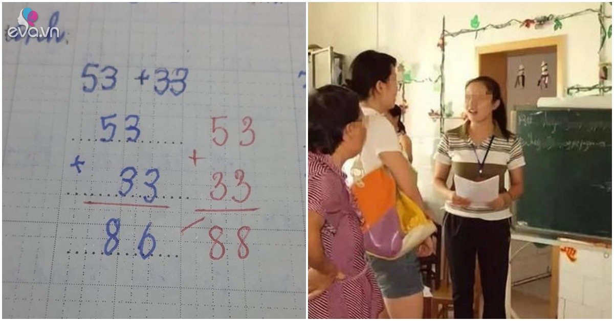 The child did the math 53+33=86 wrongly crossed out, the mother got angry when she saw the results