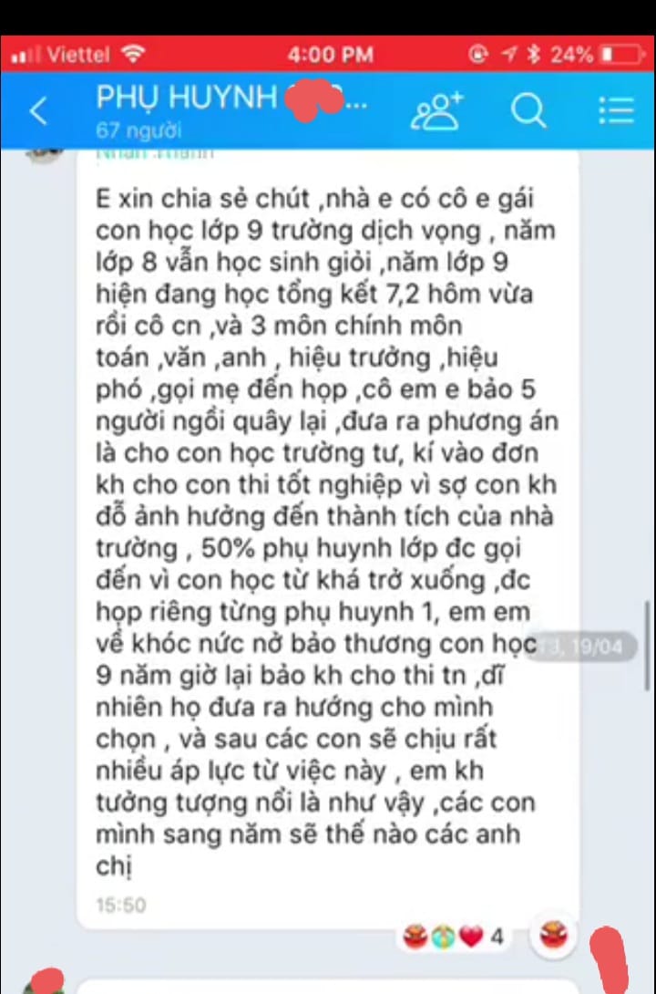 Một phụ huynh tố nhà trường bắt viết cam kết không cho thi vào lớp 10. Ảnh: CMH