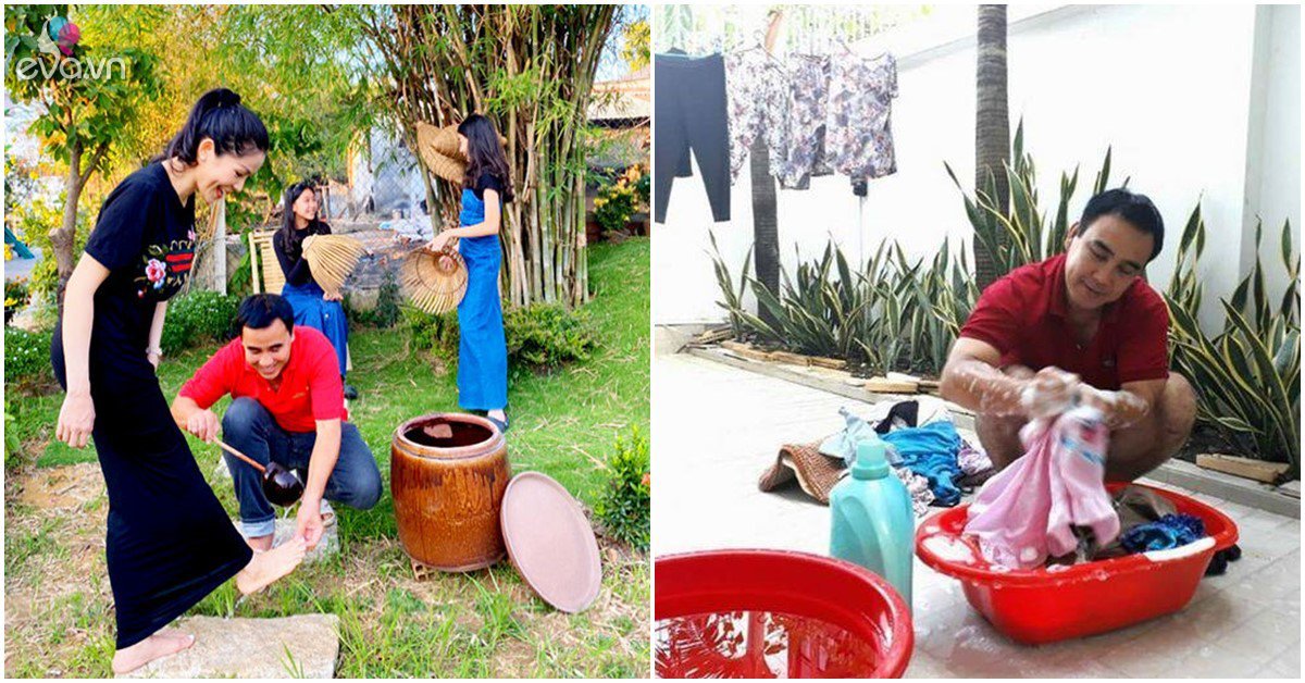 Rich and famous, Quyen Linh is not afraid to kneel down to wash the feet of his wife and children, cook, and do laundry