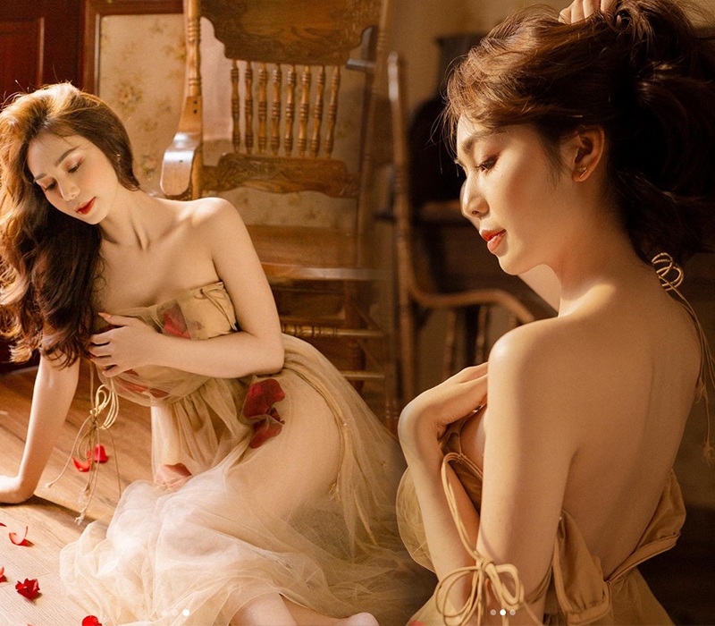 Những hình ảnh mặc váy đầm mỏng manh, tạo dáng sexy của Kim Chi cũng dừng lại ở mức chừng mực, không quá táo bạo.

