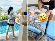 Làm mẹ - Đi nghỉ mát, chồng đại gia của Bảo Thy đứng trông nhân viên giặt sạch ghế mới cho con nằm