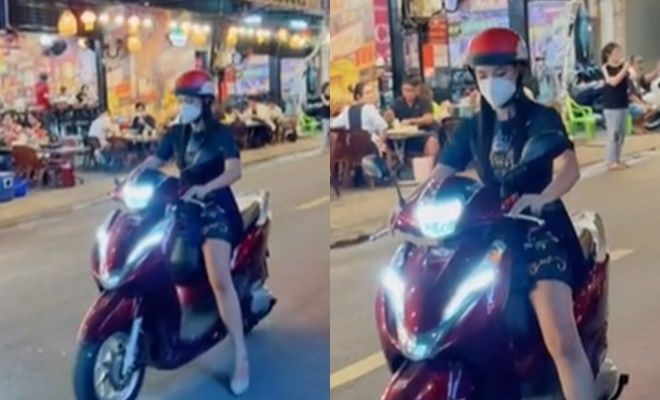 Hoàng Oanh rời sự kiện bằng xe máy, gây ấn tượng với hình ảnh bình dân, gần gũi.
