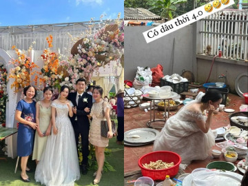 Toàn cảnh đám cưới Hà Đức Chinh: Vợ trẻ xinh đẹp bần thần nhìn đống bát chưa rửa