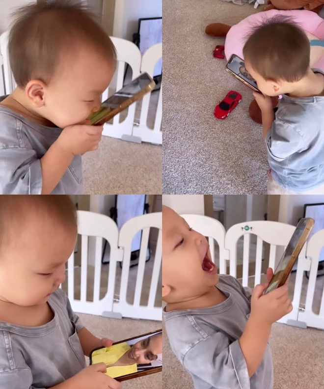 Những cách phản ứng trái ngược của Leon và Lisa luôn khiến dân tình thích thú. Trong ảnh, Leon cực kì phấn khích khi thấy mẹ qua điện thoại.