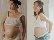 Bà bầu - Cận ngày sinh, bạn thân Đàm Thu Trang dùng tay che ngực, khoe dáng "vuông tròn"