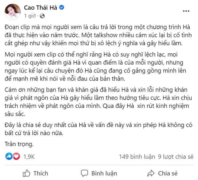 Một talkshow nhiều cảm xúc lại bị cố tình cắt ghép như vậy khiến mọi thứ bị xô lệch ý nghĩa và gây hiểu lầm, Cao Thái Hà chia sẻ.