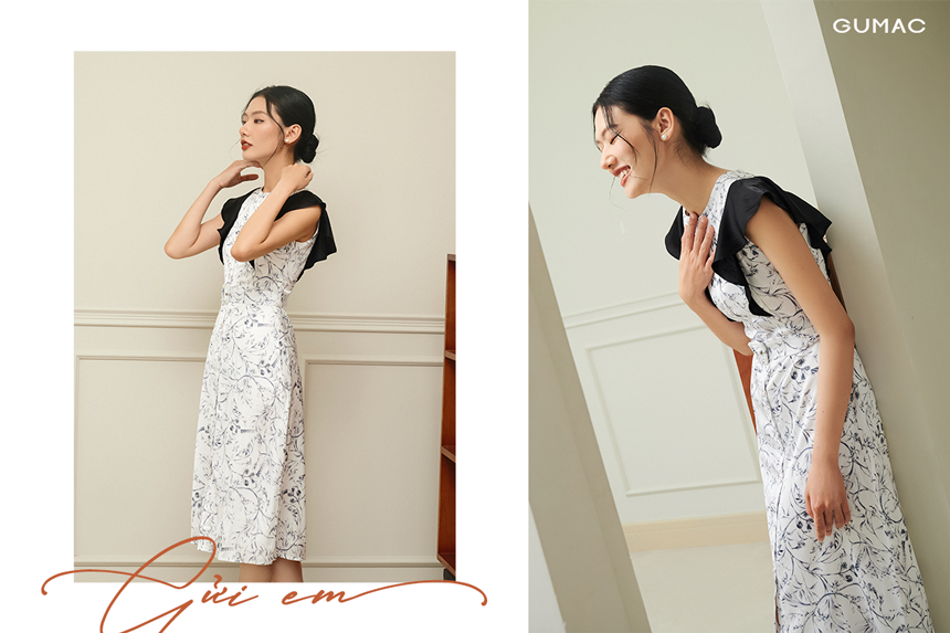 Họa tiết hoa đen trên nền lụa trắng như sự thay đổi trong tâm hồn cô gái, là sự quay về kết nối, để lắng nghe và yêu thương những cảm xúc của chính mình