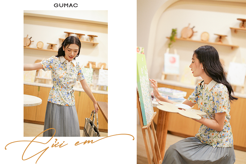 Cảm hứng bắt nguồn từ những vệt nắng, họa tiết hoa loang nhiều màu mang biểu tượng của vẻ đẹp tươi sáng, đầy năng lượng