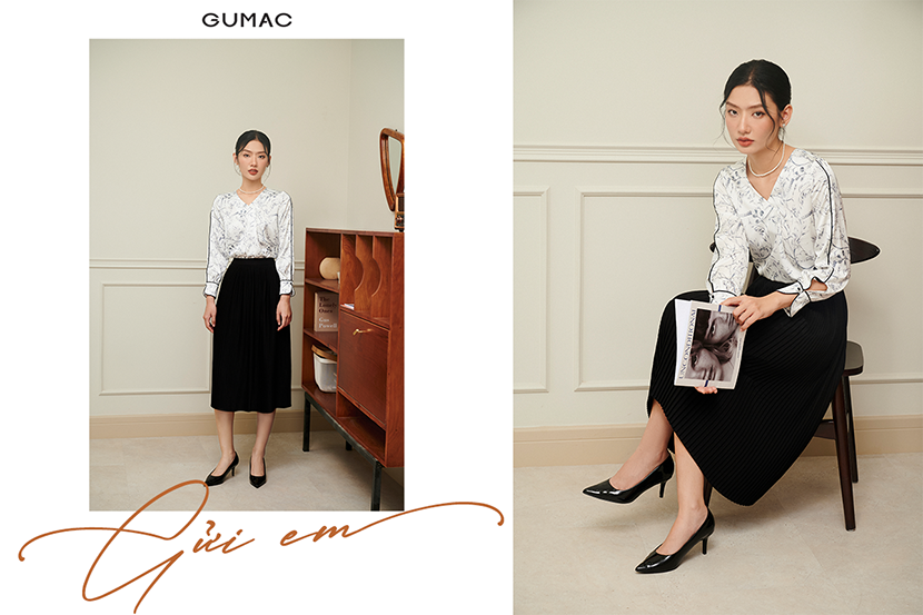 Họa tiết hoa đen trên nền lụa trắng, vừa giản dị lại vừa rất thanh tao. Sau những biến chuyển của cuộc đời, cô gái của chúng ta đã biết cách quay về để kết nối và chữa lành tâm hồn mình