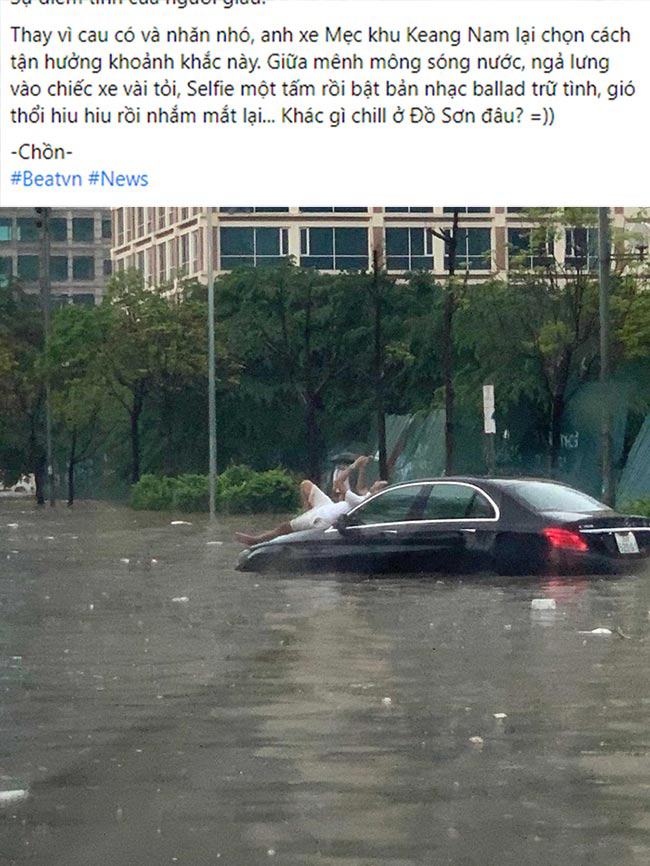 Tài xế xe Mercedes nằm trên nắp capo lướt điện thoại amp;#34; giữa biển nước mênh mông, CĐM bình luận hài hước - 1
