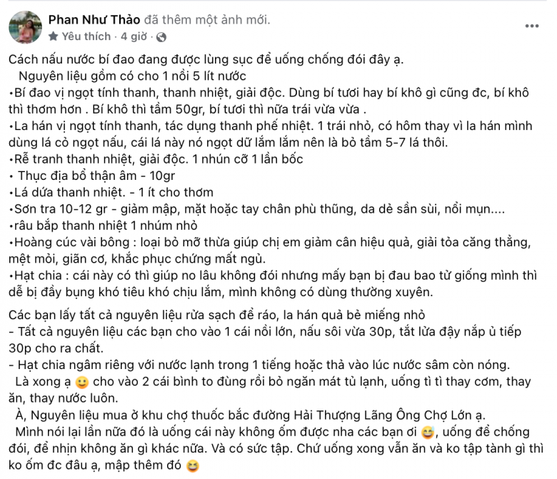 Bài viết chia sẻ công thức nấu nước bí đao của Phan Như Thảo nhận được sự hưởng ứng của đông đảo dân tình. 