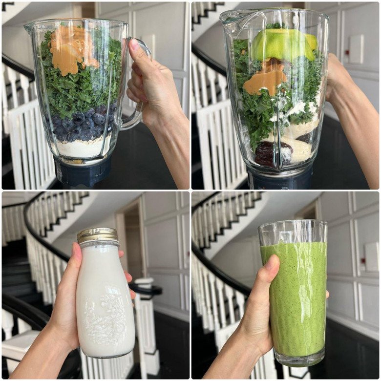 Ngoài ra, thực đơn healthy của mẹ bỉm sữa còn phải kể đến món sinh tố dồi dào chất xơ. Cô kết hợp tới 6-7 nguyên liệu khác nhau cho vào máy xay. Đây là món cô dùng cho bữa sáng, sau khi tập luyện.