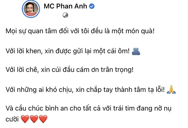 Bài đăng được cho là đang đáp trả những tranh cãi trái chiều xung quanh lần trở lại này của MC Phan Anh.