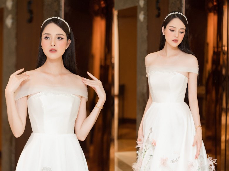 Tại đêm chung khảo vừa qua, Á hậu Hoàng Anh lựa chọn một bộ váy trắng có kiểu dáng xoè cổ điển, yêu kiều như một nàng tiểu thư khuê các.