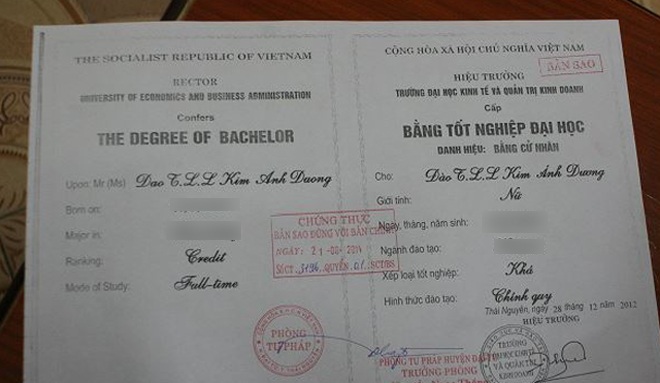 Bằng tốt nghiệp đại học của Dương phải viết tắt 3 kí tự, tên dài đã khiến chị gặp không ít rắc rối về thủ tục giấy tờ.