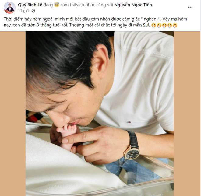 Quý Bình khoe hình ảnh đầu tiên của con đầu lòng sau 3 tháng chào đời, đã tính tới chuyện đi hỏi vợ cho con.