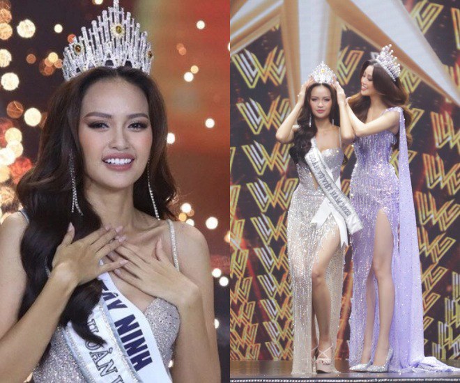 Khoảnh khắc Ngọc Châu nhận được chiếc vương miện từ Hoa hậu Khánh Vân.