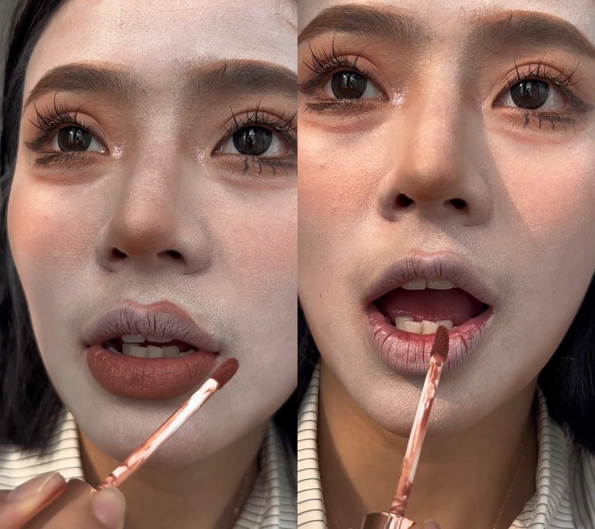 Thêm vào đó, style make-up Trung Quốc thường mix yếu tố hóa trang vào layout khi lựa chọn lớp nền khá trắng. Cộng thêm việc các Douyin yêu thích tạo khối với mặt với vẽ bọng mắt giả, thu gọn chóp mũi,... nên đôi khi nhìn hình ảnh chưa chèn filter khiến nhiều người tá hỏa.