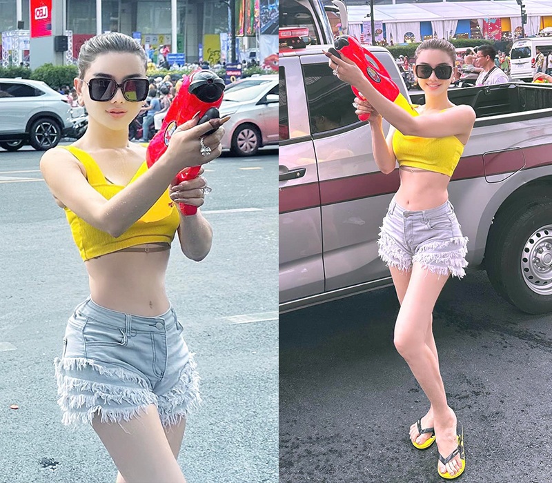 Công chúa Lâm Khánh Chi khoe eo thon không đối thủ với áo croptop và quần short jeans. Bà mẹ 1 con được khen trẻ trung và gợi cảm.
